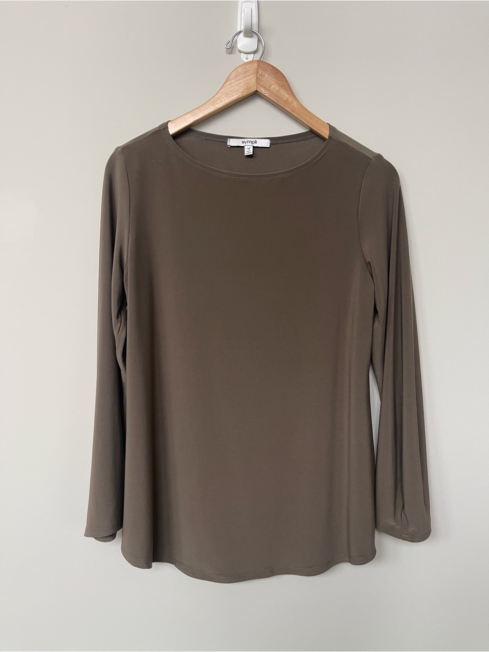 Sympli | Taupe Crewneck Jersey Long Sleeve Top Stretch Minimalist Closet Staple